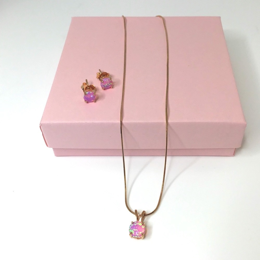 Rose GP Pink Opal Earring/Necklace Set - Picture 2 of 16